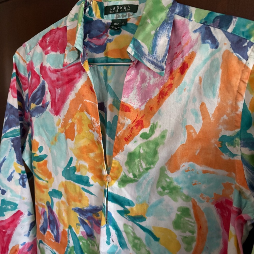 Lauren Ralph Lauren Multicolor Watercolor Print Collared Cotton Blouse Medium - Picture 2 of 4